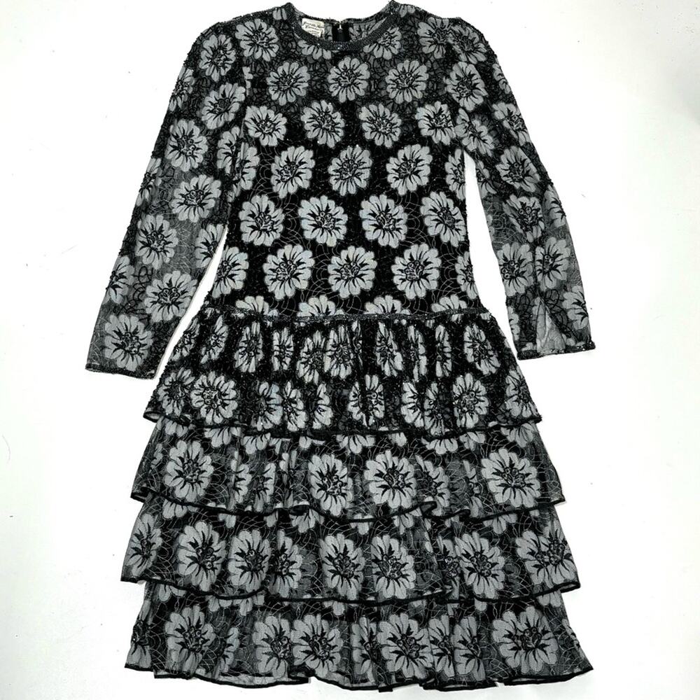 Judith Ann Creations Vintage Long Sleeve Floral Lace Tiered Beaded Dress Black S